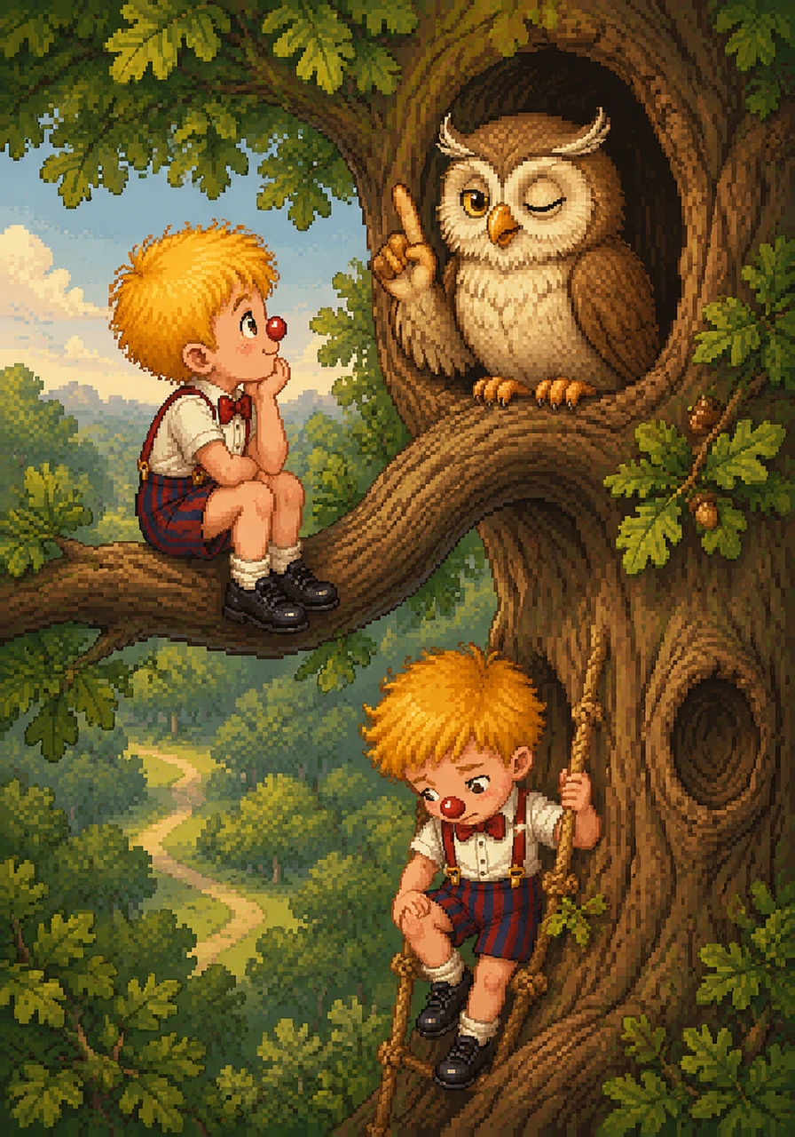 High up in the ancient oak tree, Milo visited the Wise Old Owl for some expert advice. The owl blinked slowly and told Milo that a true smile isn't something you find on the ground, but something you create. Milo thanked the owl and climbed down, thinking hard about what that could mean.