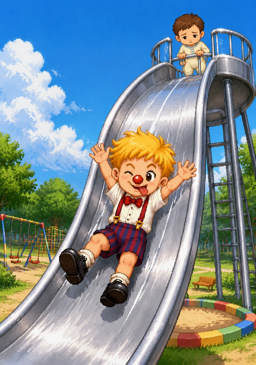 He ran to the neighborhood park and climbed to the very top of the giant, silver slide. He felt the rush of the wind as he zoomed down, hoping to catch a spark of joy to bring back home. It was fun, but it wasn't the specific, magical smile that belonged to his little brother.