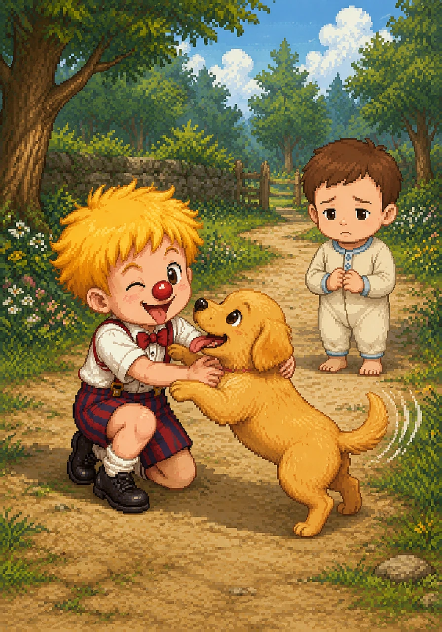 Along the way, a friendly golden puppy bounded up to Milo, wagging its tail with pure excitement. The puppy’s energy was infectious, and Milo laughed, but he realized he couldn't just borrow someone else's happiness. He needed to find the key to Oakley’s heart.