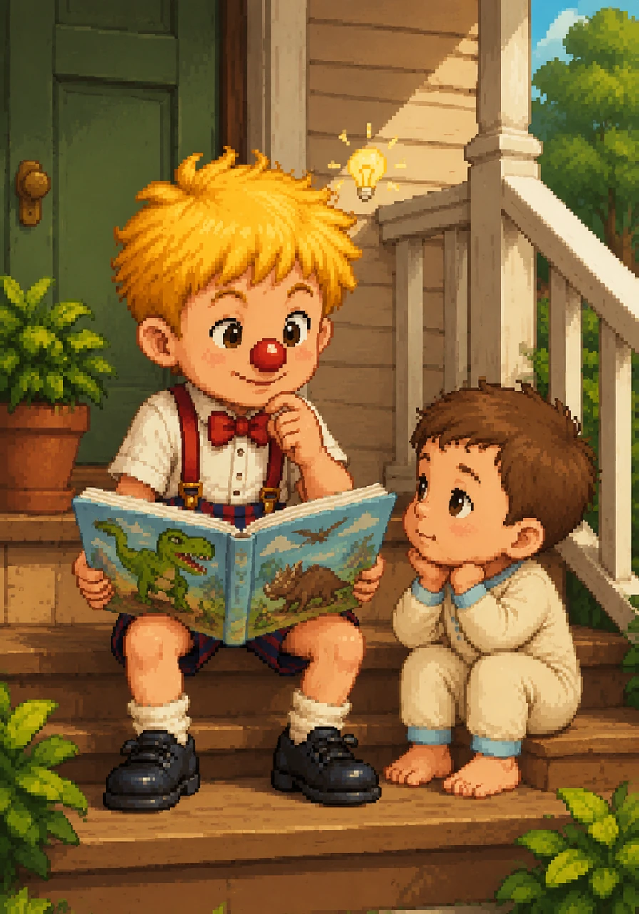 Feeling a bit tired, Milo sat down on the front porch and looked at their favorite picture book about dinosaurs. He remembered how Oakley always pointed at the T-Rex and made a tiny, squeaky roar. A spark of an idea began to flicker in Milo's mind.