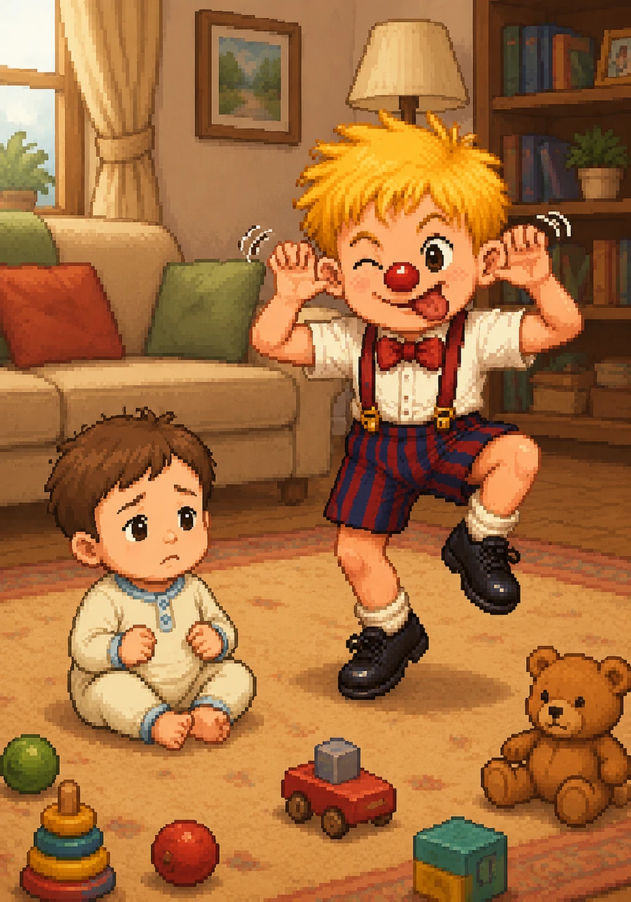 Milo burst back into the living room and began the silliest, clumsiest dance Oakley had ever seen. He made funny faces, wiggled his ears, and pretended to be a giant, ticklish octopus. He poured all his big-brother love into his performance.