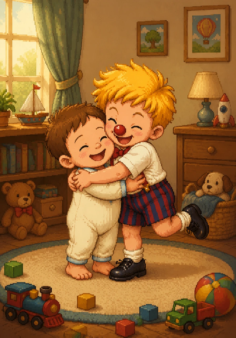Suddenly, a small giggle escaped Oakley’s lips, followed by a wide, glowing grin that filled the whole room. Milo hugged his brother tight, realizing that the best way to find a lost smile is to share your own. The mission was a success, and the brothers were happy once again.