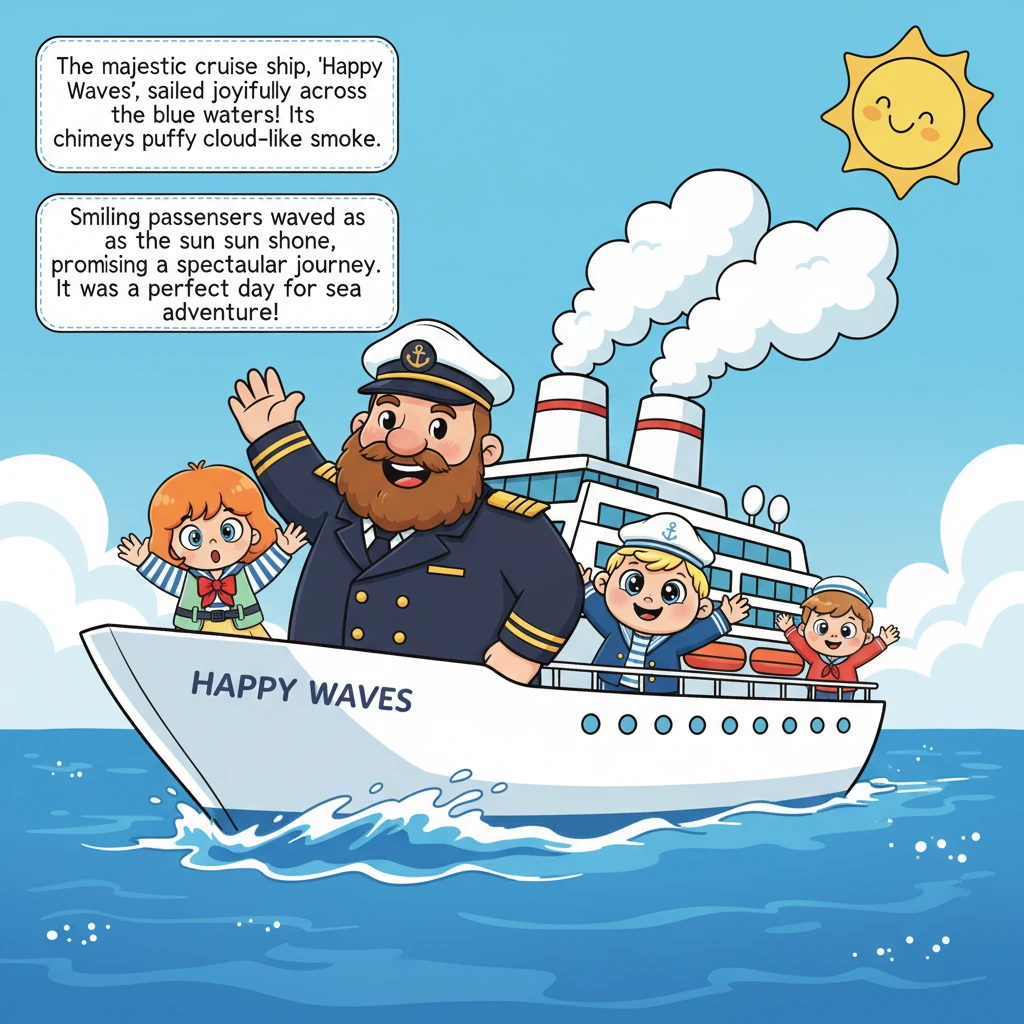 O majestoso navio de cruzeiro, "Ondas Felizes", deslizava alegremente pelas águas azuis, suas chaminés soltando fumaça em forma de nuvens fofas. A bor