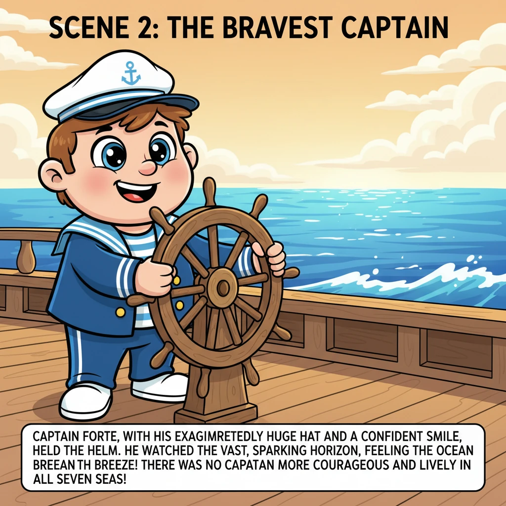 Na ponte de comando, o Capitão Forte, com seu chapéu exageradamente grande e um sorriso confiante, segurava o leme com as duas mãos. Ele observava o h
