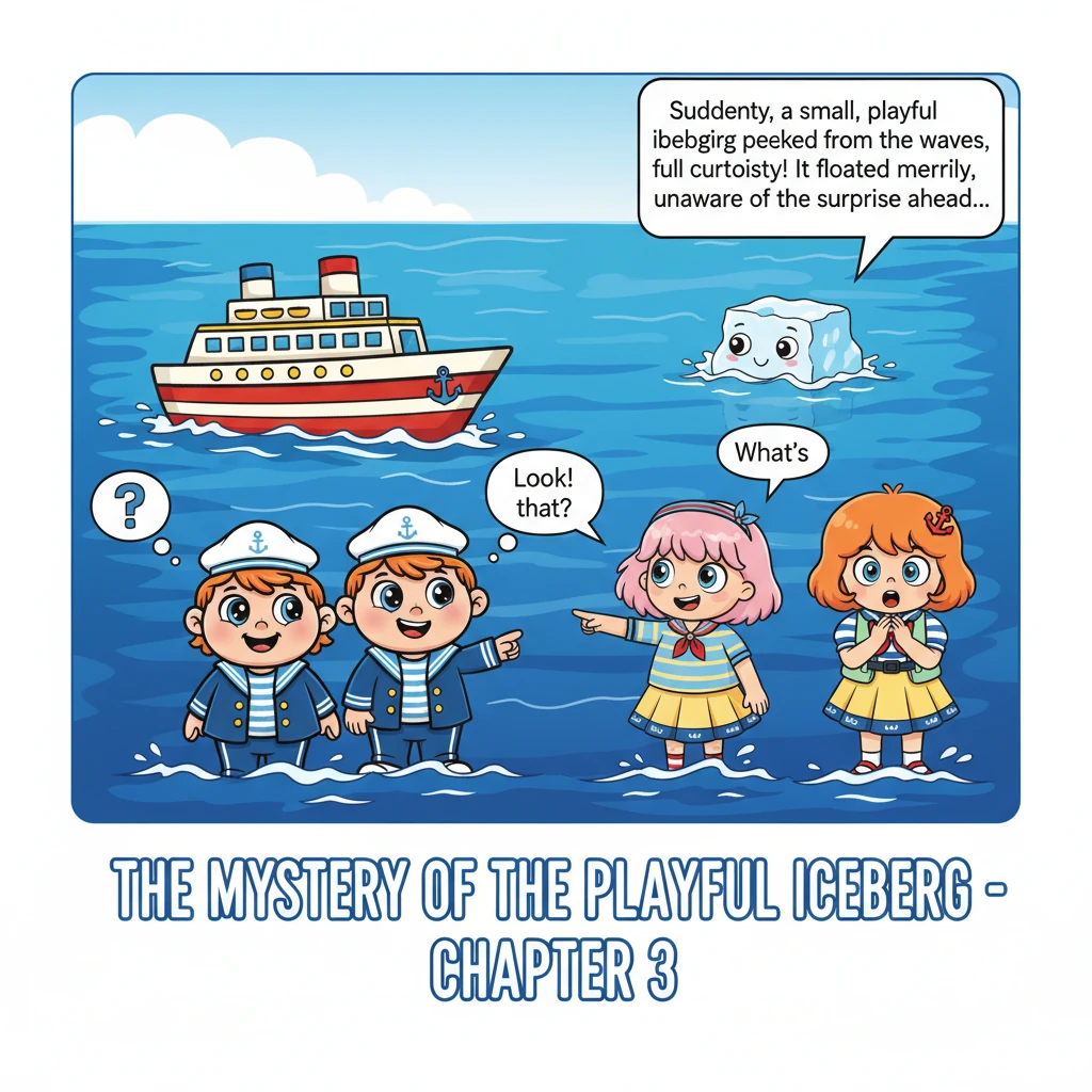 De repente, um pequeno iceberg, com um formato divertido e um ar de curiosidade, apareceu à distância, espreitando por entre as ondas. Ele parecia um