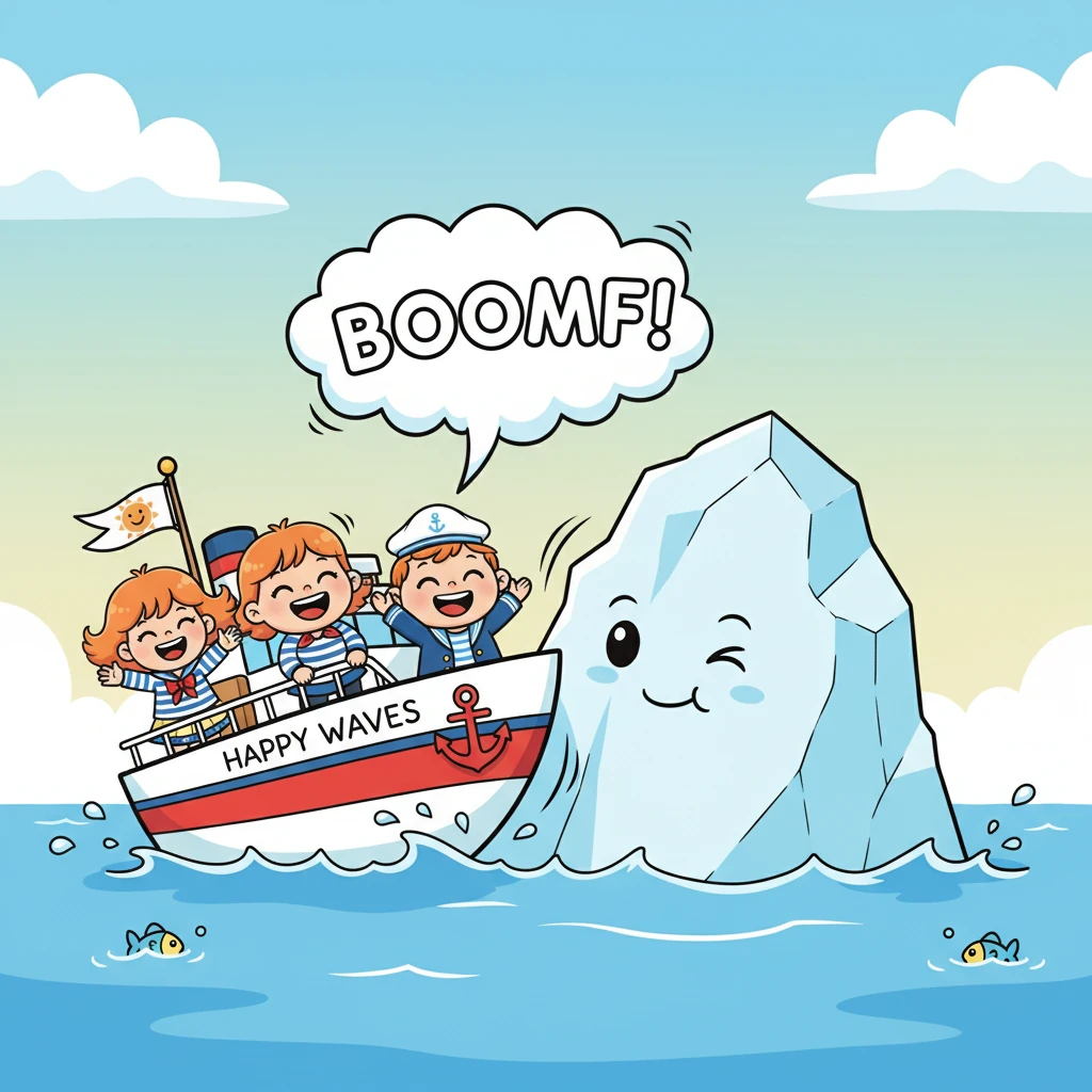 Com um "BOOMF" suave e um balanço engraçado, o navio Ondas Felizes deu um encontrão inesperado no iceberg, que parecia piscar os olhos congelados. Não