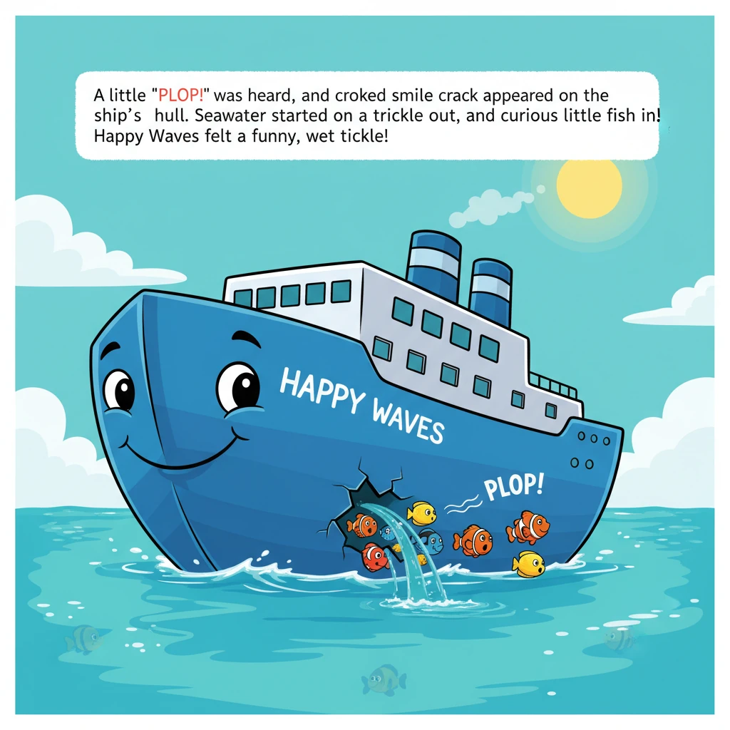 Um pequeno "PLOC" foi ouvido e uma rachadura em forma de sorriso torto apareceu no casco do navio, por onde a água do mar começou a escorrer em filete