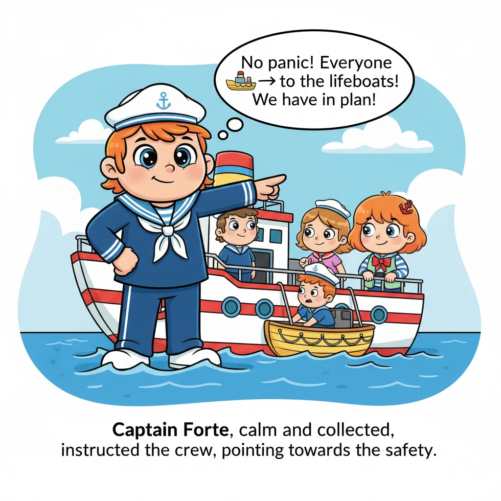 O Capitão Forte, com sua pose heroica e um plano brilhante na cabeça, agiu rapidamente, mas sem um pingo de pânico. Ele instruiu a tripulação com voz