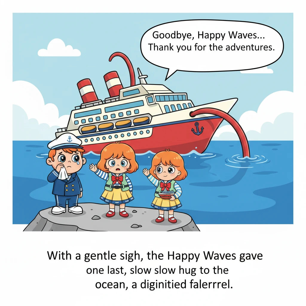 O navio Ondas Felizes, com um suspiro suave, começou a inclinar-se lentamente, parecendo dar um último abraço no oceano. Suas chaminés agora pareciam