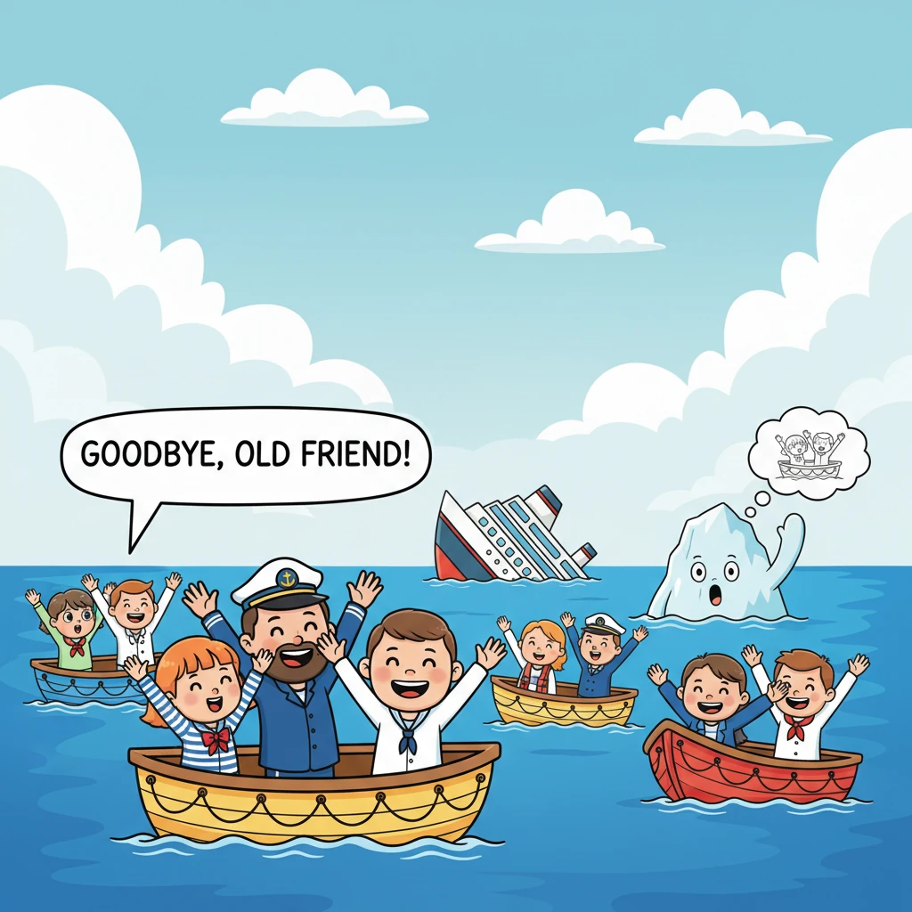 De dentro dos botes salva-vidas, todos os passageiros e a tripulação acenavam alegremente para o navio que desaparecia, como se estivessem se despedin