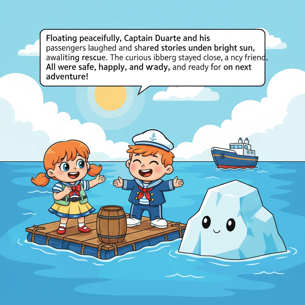 Flutuando pacificamente nas águas calmas, o Capitão Forte e seus passageiros riam e contavam histórias, aguardando o resgate sob o sol brilhante. O ic