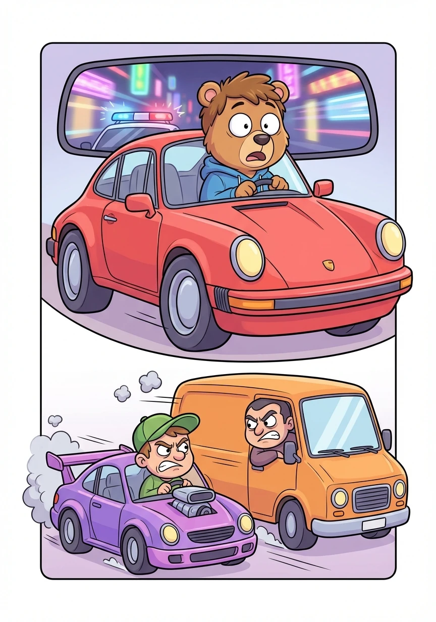 A split-page panel shows Rainer narrowly escaping the police in a classic Porsche 911, neon lights blurring in his rearview mirror. On the other side, rival thieves glare from their own souped-up vehicles, their faces contorted with rage and envy.