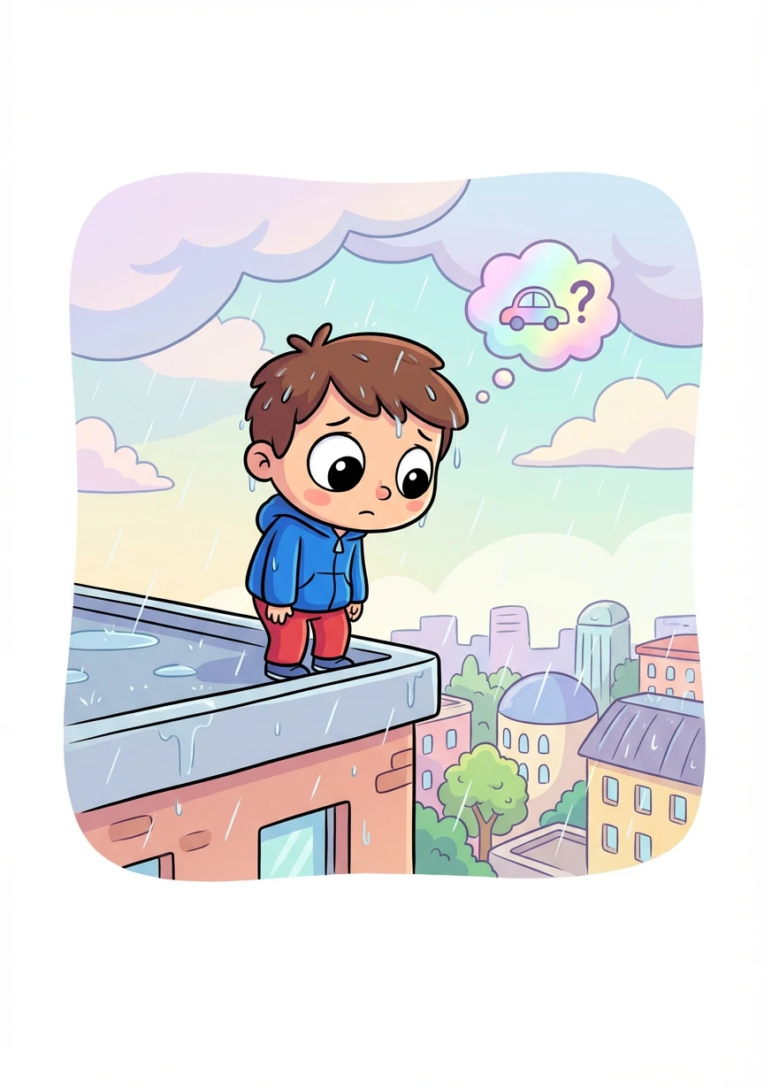 Rainer stands alone on a rooftop, rain plastering his hair to his face. An inner monologue caption reads: "It was never about the car. It was about who I'd become." He questions his motivations, the loneliness of his pursuit weighing heavily on him.