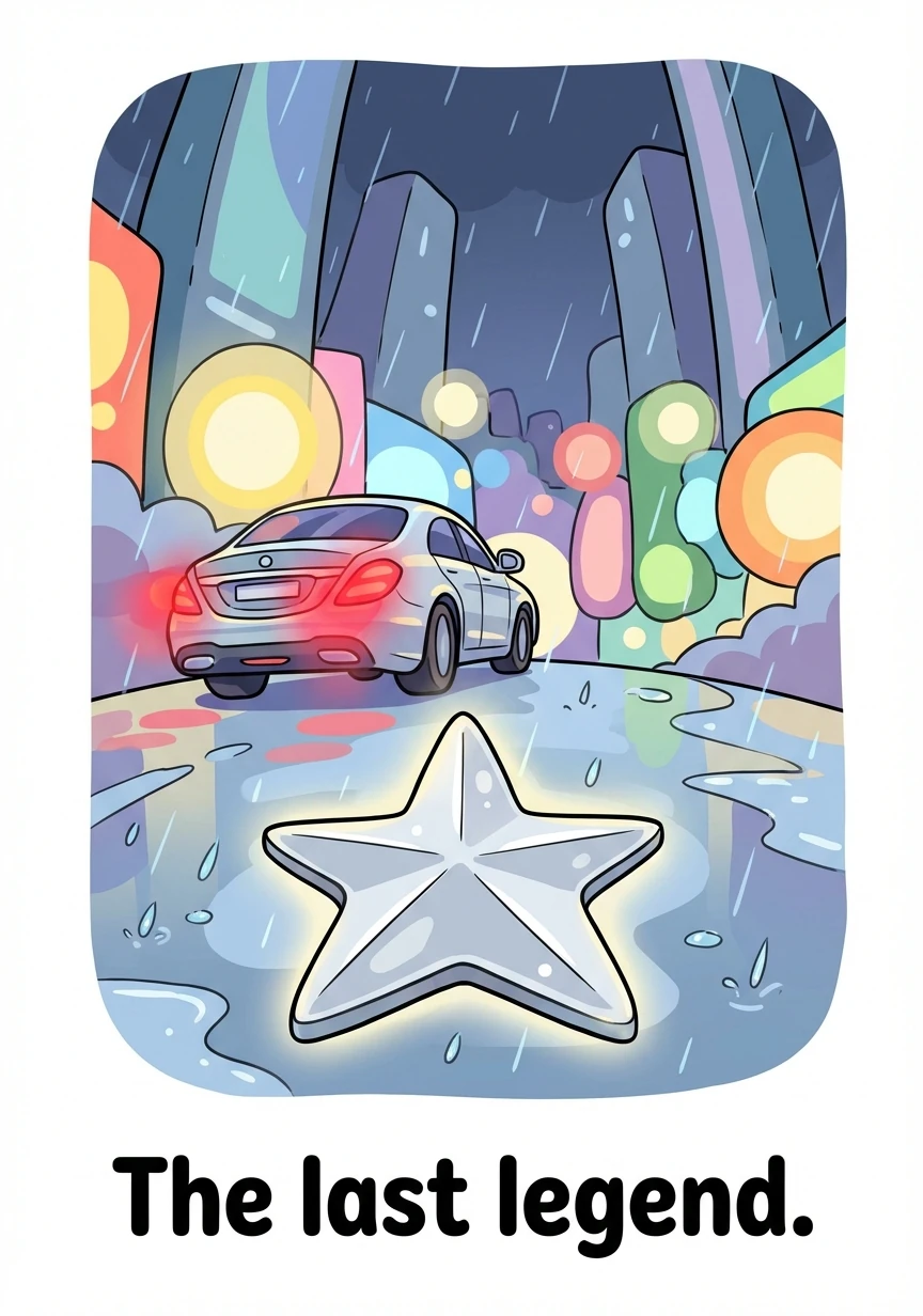 The final splash page shows the S63 AMG disappearing into the city lights, leaving only a silver star emblem glinting in the rain. A caption declares: "The last legend."