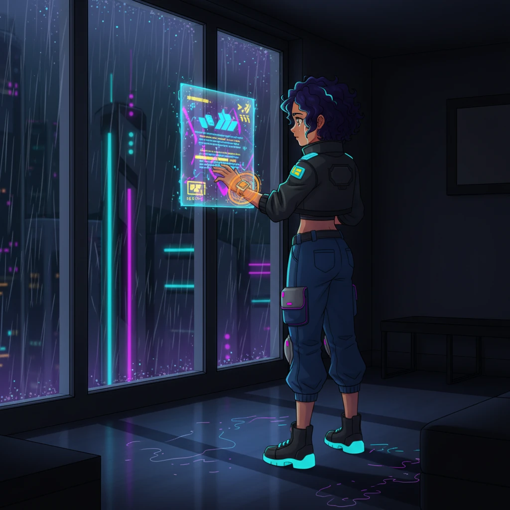 Anya stands in her dimly lit apartment, the only light emanating from the torrential neon rain streaking down the panoramic window, casting electric blue and purple reflections across her face. Her anime-style eyes, wide with unshed tears, are fixed on a shimmering holographic message that repeats a cold, blaming farewell. The weight of betrayal settles heavily in the quiet hum of the futuristic city outside.