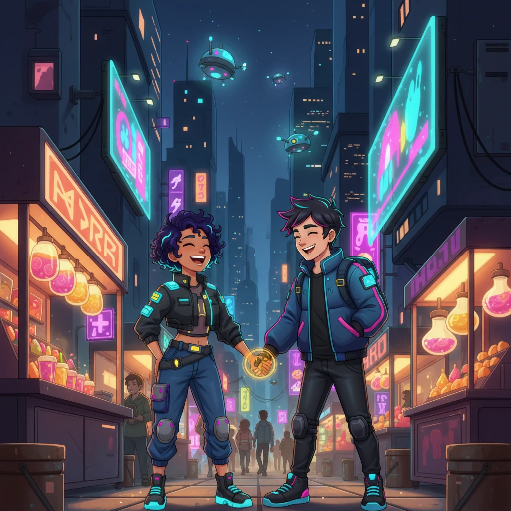 A vibrant flashback shows Anya and Jax, his hand gently holding hers, laughing amidst a bustling cyberpunk market. Glowing street food vendors and holographic advertisements for synth-drinks illuminate their joyful faces, their connection a bright spark against the chaotic beauty of the city's electric heart. Their shared happiness feels almost tangible, a stark contrast to the present desolation.