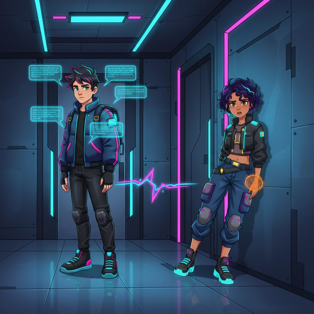 The memory shifts to a sterile, metallic-clad apartment, where Jax's angular features are etched with cold indifference, his words projected as subtle, accusing digital text hovering around him. Anya, her anime-style expression a mix of shock and profound hurt, shrinks back as he shifts blame, his logic as sharp and unfeeling as the room's sleek design. The air crackles with unspoken accusations and the bitter taste of a love dissolving.