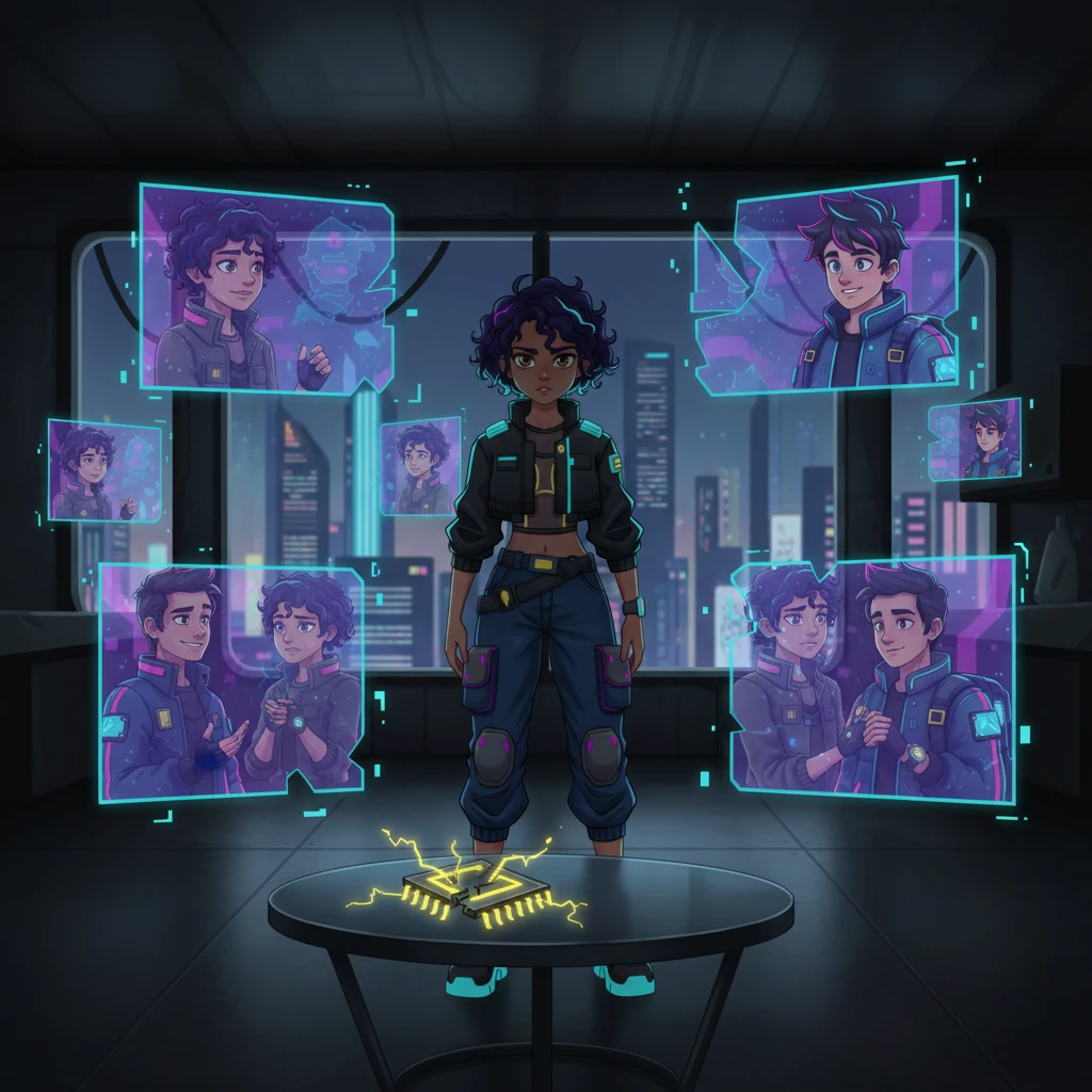 Back in her apartment, Anya is surrounded by ghostly holographic memories of her and Jax, flickering like dying embers in the dark. A broken data chip, once a symbol of their connection, lies discarded on a metallic table, mirroring the fragmentation of her own heart. The overwhelming pain and confusion are palpable, her slender figure silhouetted against the distant glow of the city's neon arteries.