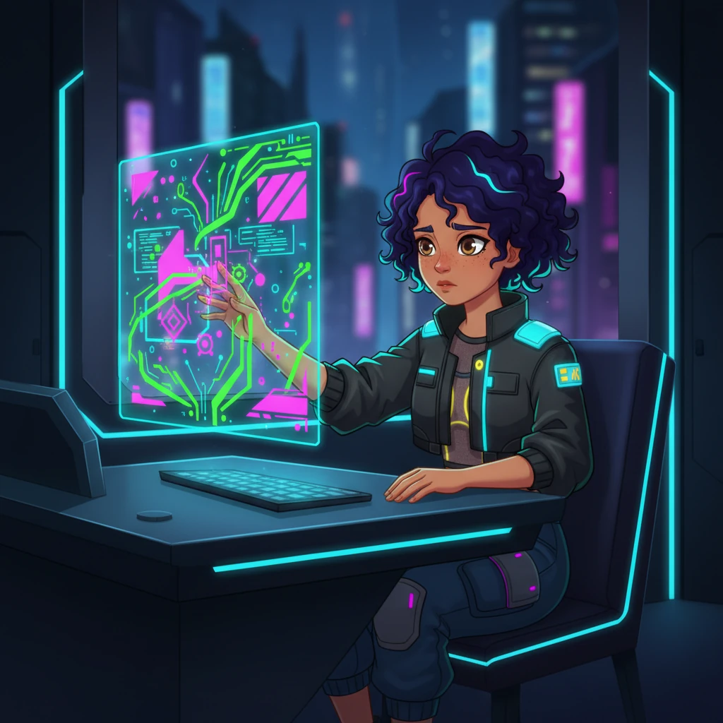 With a determined, if shaky, resolve, Anya sits at her sleek workstation, focusing on a complex digital art piece blooming on a holographic canvas. Electric green lines and vibrant magenta shapes flow from her fingertips, a small act of creation battling the engulfing sorrow. This tiny spark of artistic pursuit is her first step towards reclaiming herself, a quiet rebellion against despair.