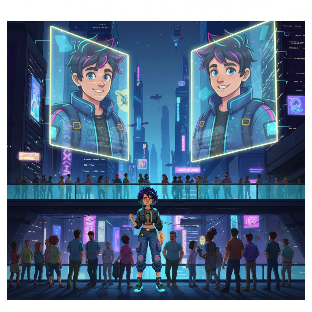 While navigating a crowded sky-bridge, Anya catches a glimpse of Jax on a massive public display, his image projected across the city's tallest towers. He's giving an interview, portraying himself as the victim, his charismatic smile a cruel mockery of her pain. The sight sends a fresh wave of hurt through her, the neon glow of the city suddenly feeling oppressive and judgmental.