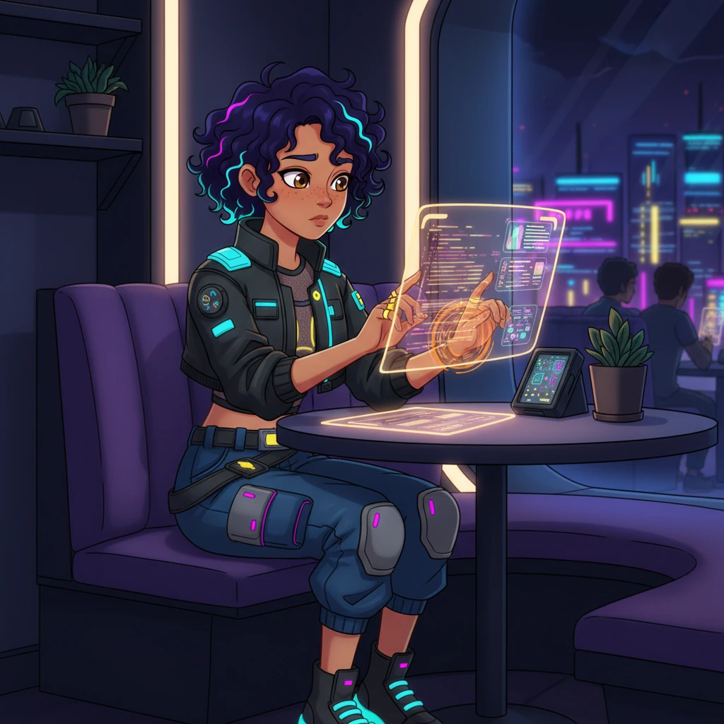 Anya retreats to a hidden corner of a quiet data café, a place with warm, soft amber and violet neon lights that offer a contrast to the city's harsh glow. She pours her raw emotions into a holographic journal, her fingers flying across the digital interface as she processes her feelings, untangling the knot of blame and heartbreak. This moment of introspection is a crucial step in her journey of healing.