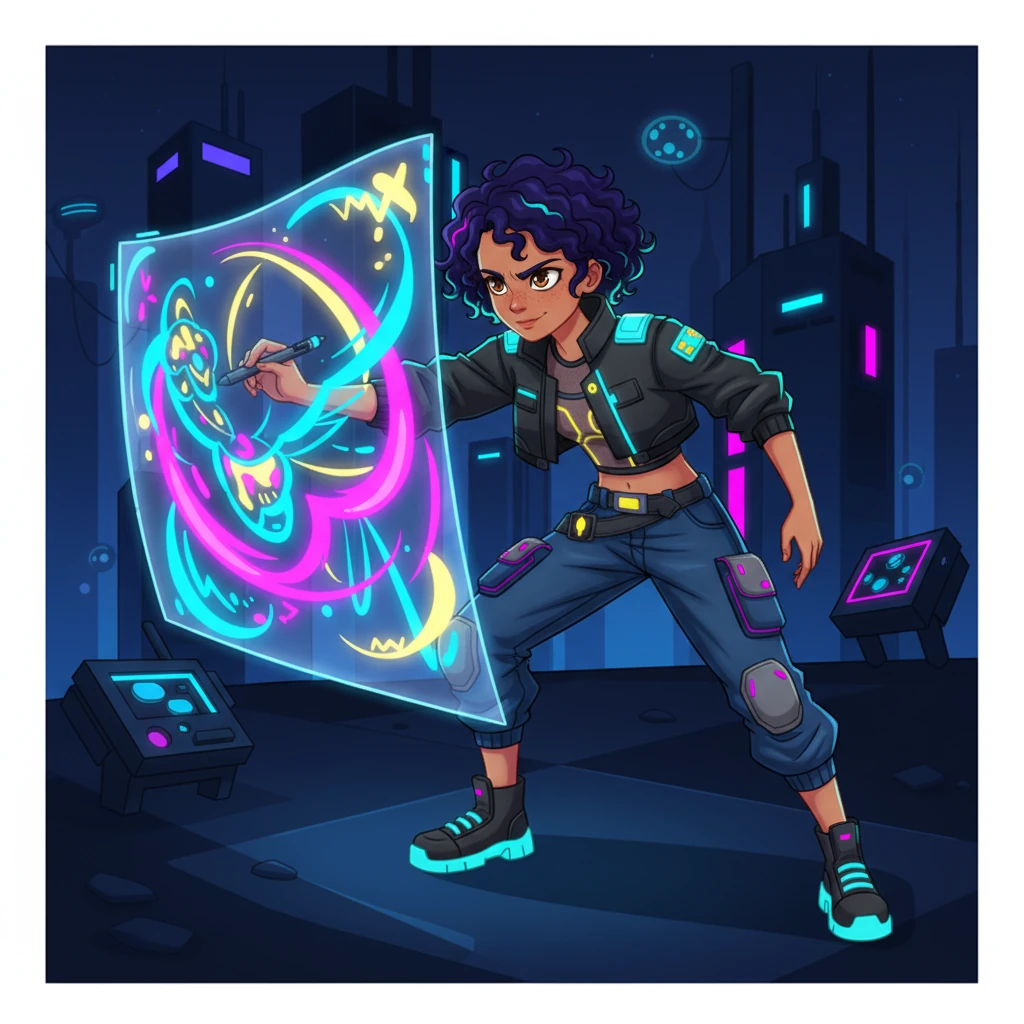 Fueled by a surge of defiant energy, Anya returns to her digital art, her pain now a powerful catalyst. Vibrant, aggressive strokes of electric blue and shocking pink explode across her holographic canvas, transforming her inner turmoil into a masterpiece of raw emotion and strength. Her focused, determined expression is illuminated by the intense glow of her creation, a testament to her emerging resilience.