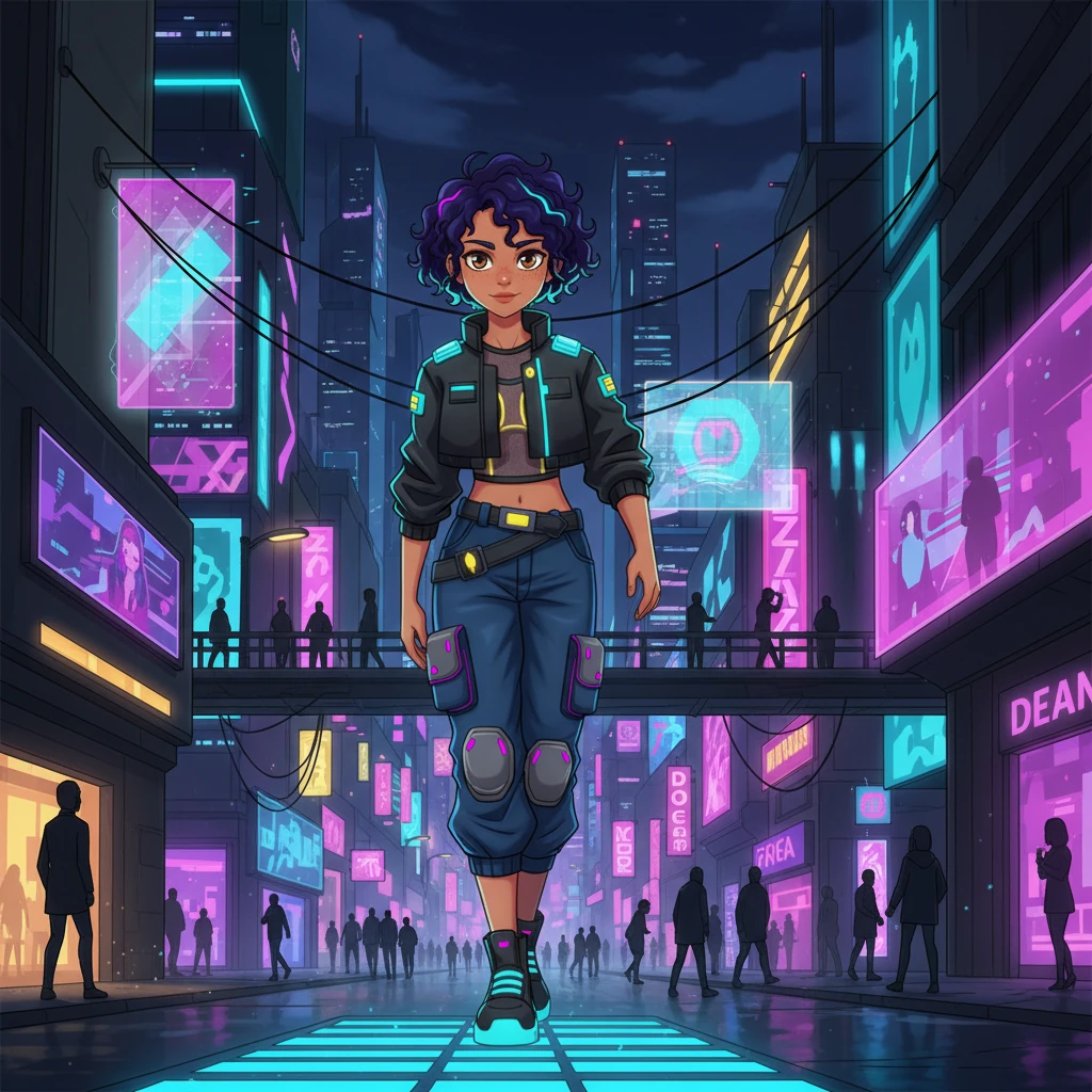 Anya walks through the bustling neon-lit thoroughfares with a newfound purpose, her head held high. Her sleek, utilitarian clothing, accented with metallic sheen, reflects her inner transformation. The city lights reflect in her now clear, determined anime-style eyes, no longer shadowed by sorrow but gleaming with a quiet strength and self-possession. She moves with a confident stride, reclaiming her space in the sprawling urban landscape.