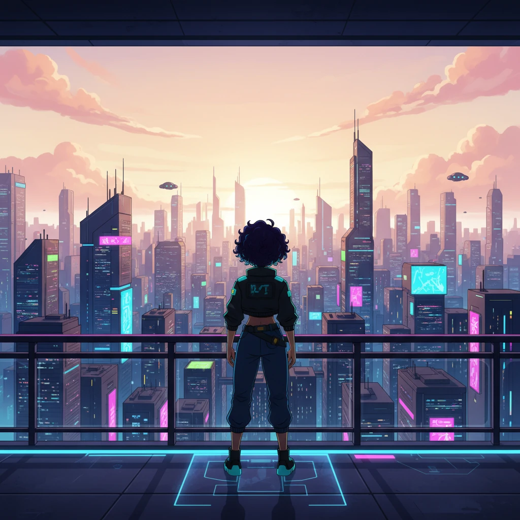 Standing on a high-rise balcony overlooking the vast, sprawling cyberpunk cityscape at dawn, Anya watches as the harsh neon lights begin to soften, yielding to the gentle hues of a new day. Her silhouette is framed against the rising sun, a symbol of hope and new beginnings. She looks forward, not back, her spirit embodying the resilience of the city itself, ready to embrace whatever the future holds.