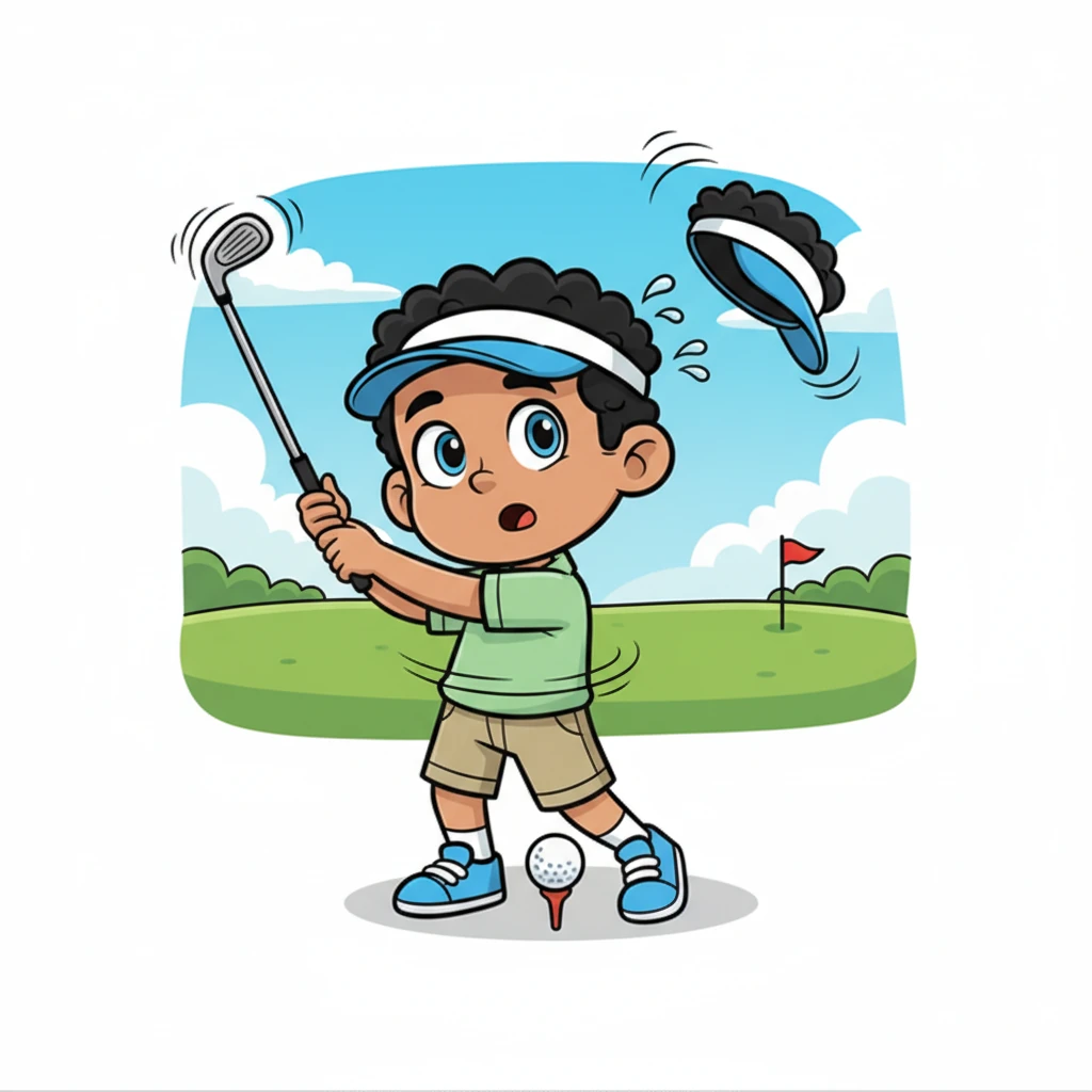 With a mighty swing, Pip launched into his very first shot! The club spun wildly, his hat flew off, and Pip twisted into a comical pretzel, but the golf ball remained perfectly still on its tee. Pip blinked, utterly bewildered by the uncooperative ball.