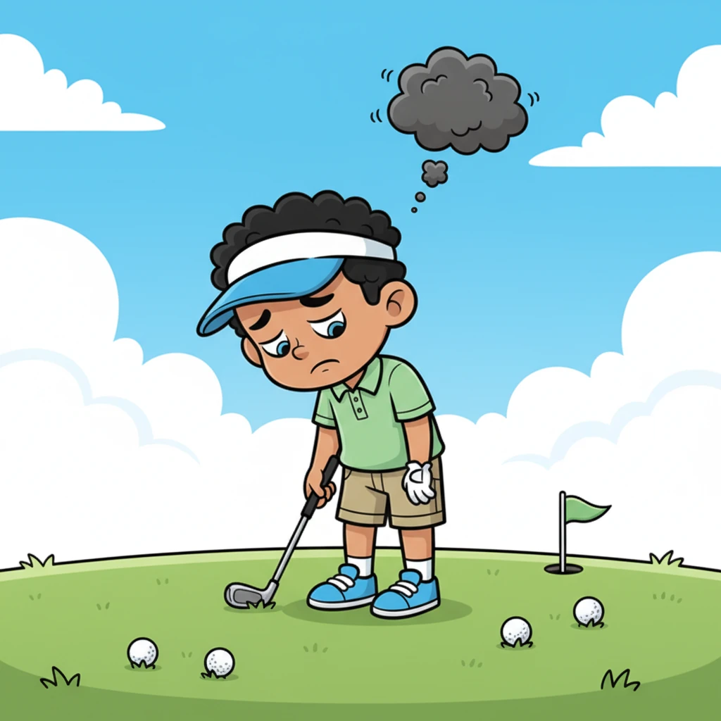He tried again, and again, and again! Each swing ended with a frustrated sigh as the golf balls scattered everywhere but the hole. Pip slumped over his club, a tiny cloud of disappointment floating above his head, feeling like golf was just too hard.