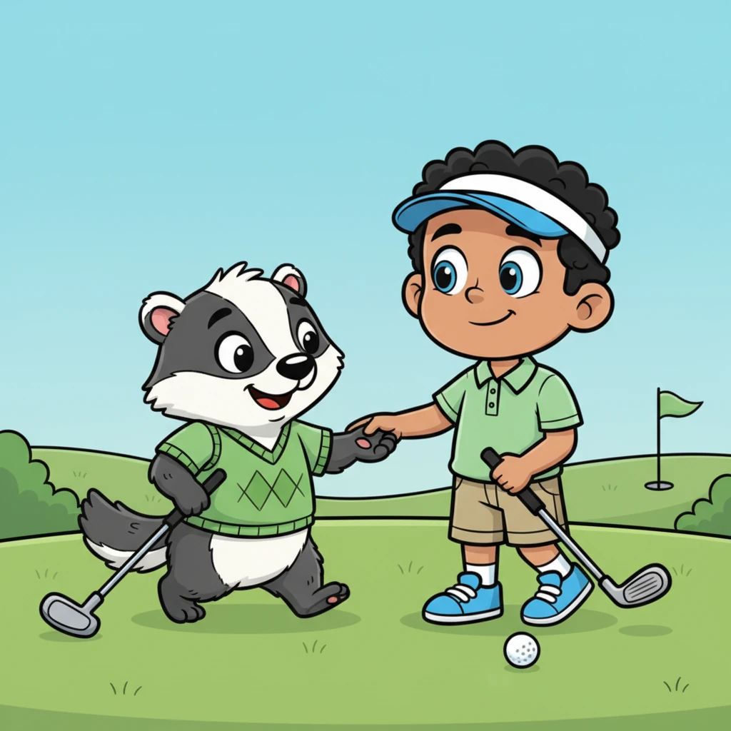 Just then, a friendly, wise-looking badger named Barney ambled over, carrying a tiny putter. Barney chuckled kindly, then gently nudged Pip's grip on the club, showing him a better way to hold it. Pip looked up, a glimmer of hope returning to his eyes.