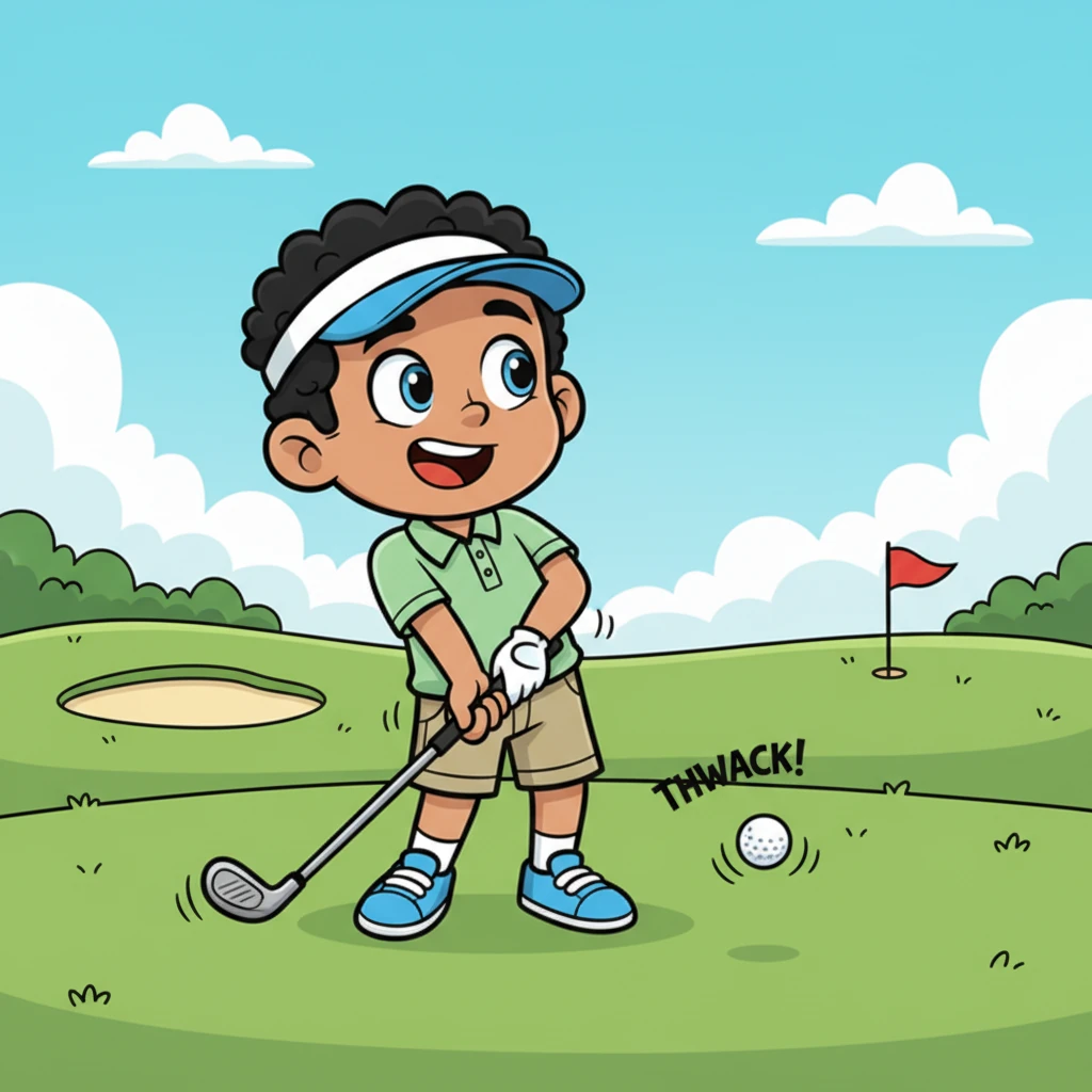 Finally, with a gentle 'thwack,' Pip connected! The ball didn't fly far, but it hopped a tiny, triumphant hop forward. Pip's eyes went wide, a tiny gasp of surprise and a blossoming smile spreading across his face.