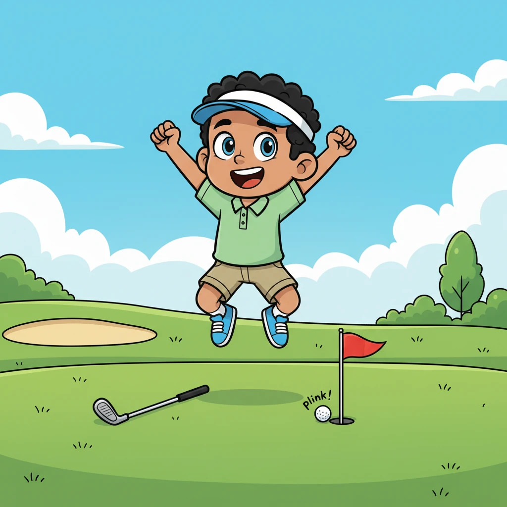 One sunny afternoon, Pip carefully lined up a putt on the green. He tapped the ball with perfect precision, and it rolled, rolled, rolled... plink! Right into the hole! Pip jumped for joy, throwing his arms up in a happy cheer.