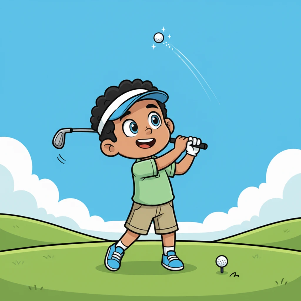 With newfound confidence, Pip stood tall on the tee. He took a deep breath, swung his club with a graceful, powerful motion, and watched as his golf ball rocketed high into the blue sky, sparkling like a tiny star. What an incredible shot!