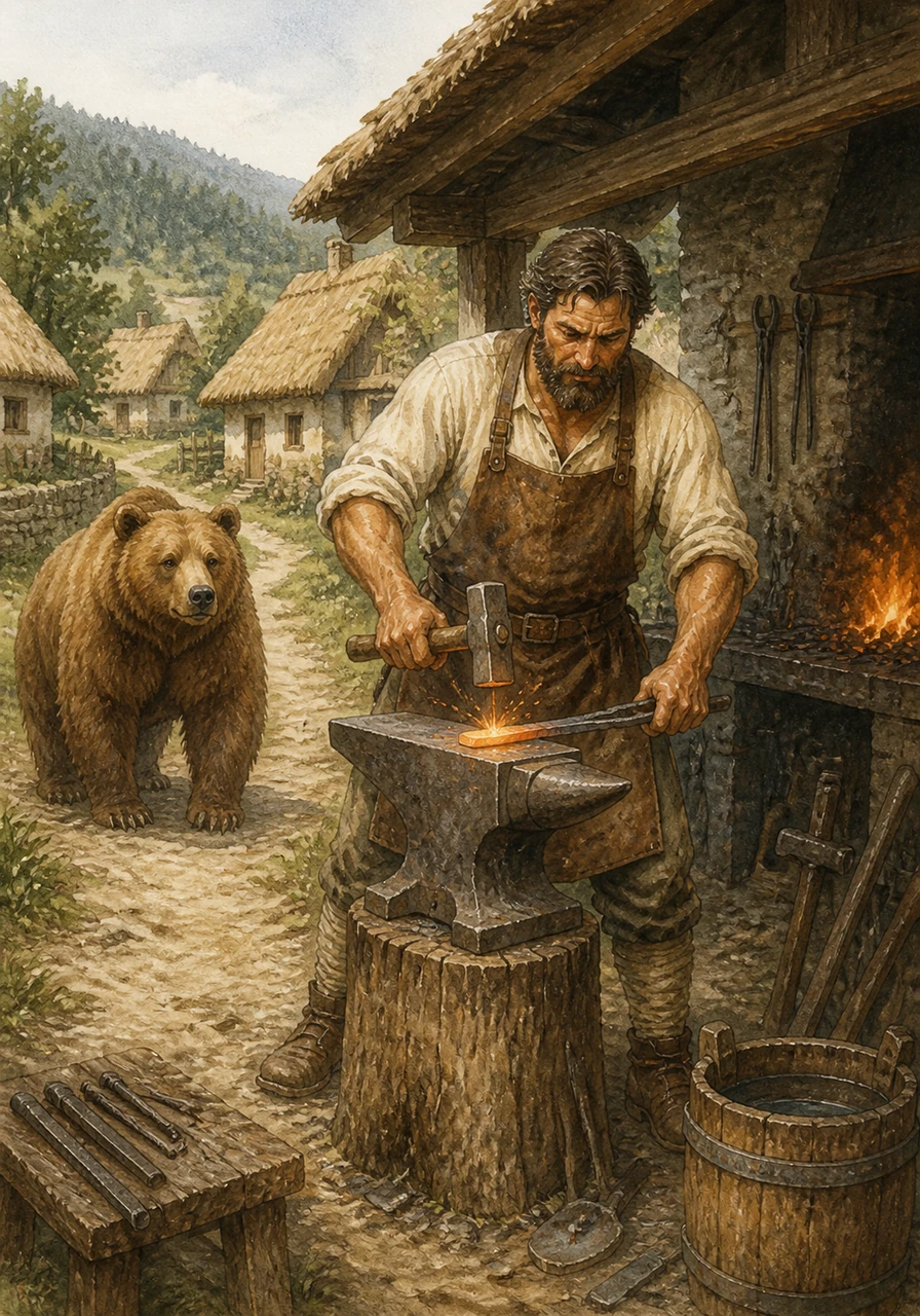 In the heart of the Notranjska forests lies the charming village of Dobec, where small houses with thatched roofs line narrow, winding paths. Here, a hardworking blacksmith named Anton once lived, his hammer ringing through the quiet air as he shaped glowing iron into nails.