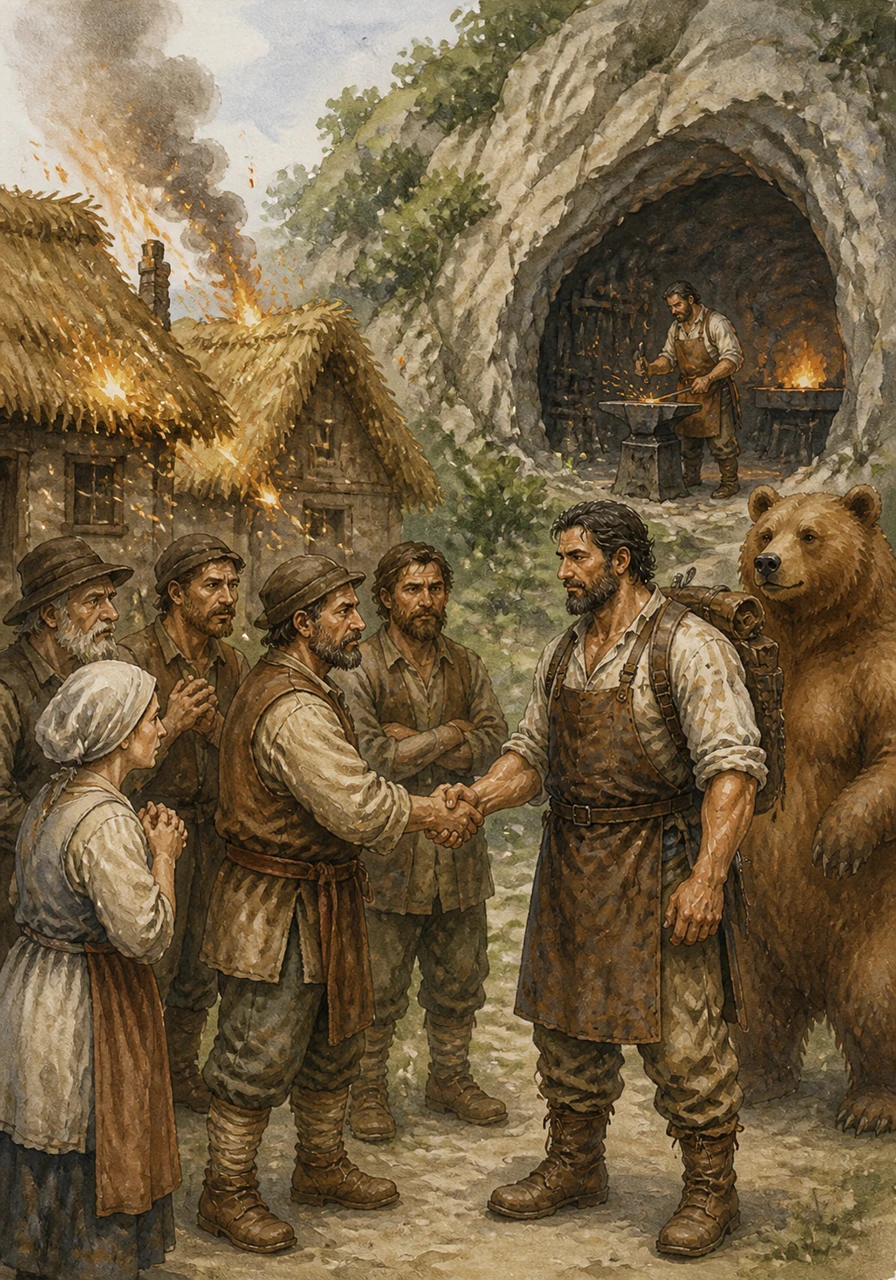 The villagers grew worried as bright sparks from Anton’s anvil flew toward their dry straw roofs like tiny fireflies. To keep the village safe, they reached an agreement with the smith to move his forge to a deep limestone cave in the nearby hills of Gabrovca.