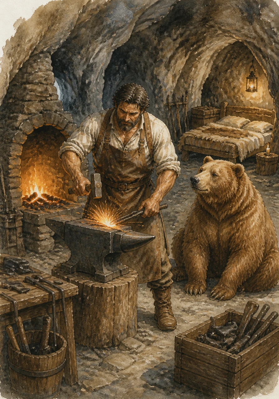Anton moved his heavy tools into the cool cave, where he could strike the iron as hard as he liked without frightening anyone. He built a new hearth and a comfortable bed, and soon the cave echoed with the steady, rhythmic clanging of his creative work.