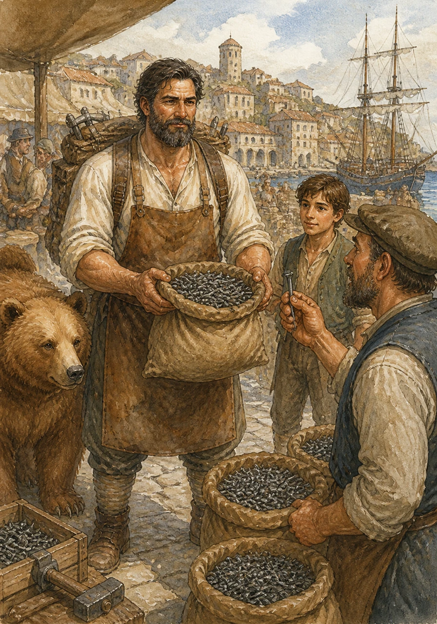 Every week, Anton traveled far and wide, carrying heavy bags of handmade nails to markets in Postojna and even as far as the busy port of Trieste. He was a man of great skill, and his nails were known for their exceptional strength throughout the countryside.