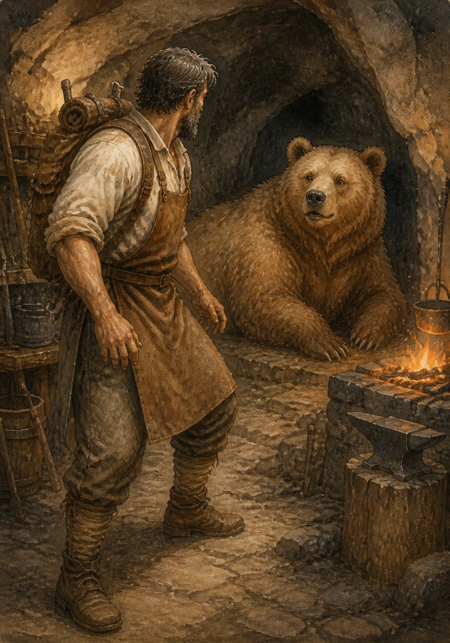 One dark evening, after a long and tiring journey home, Anton entered his cave and froze in surprise to find a massive brown bear resting near his hearth. The bear looked just as startled as the blacksmith, its golden eyes reflecting the dying embers of the forge fire.
