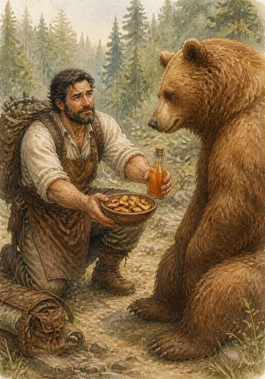 With a trembling voice and a gentle hand, Anton reached into his pack and offered the bear a bowl of sweet dried pears and a bottle of delicious juice. He spoke softly to the beast, inviting his unexpected guest to share a simple meal instead of acting out of fear.