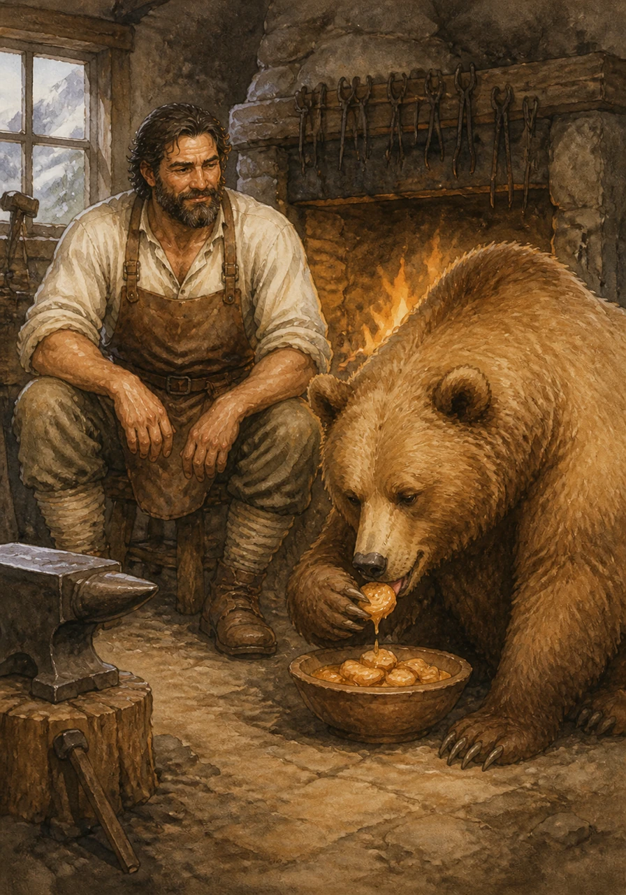 The bear, sensing Anton’s kindness, approached slowly and began to eat the sweet treats with great delight. By the warmth of the fire, a strange and beautiful friendship was born between the lonely blacksmith and the powerful king of the forest.