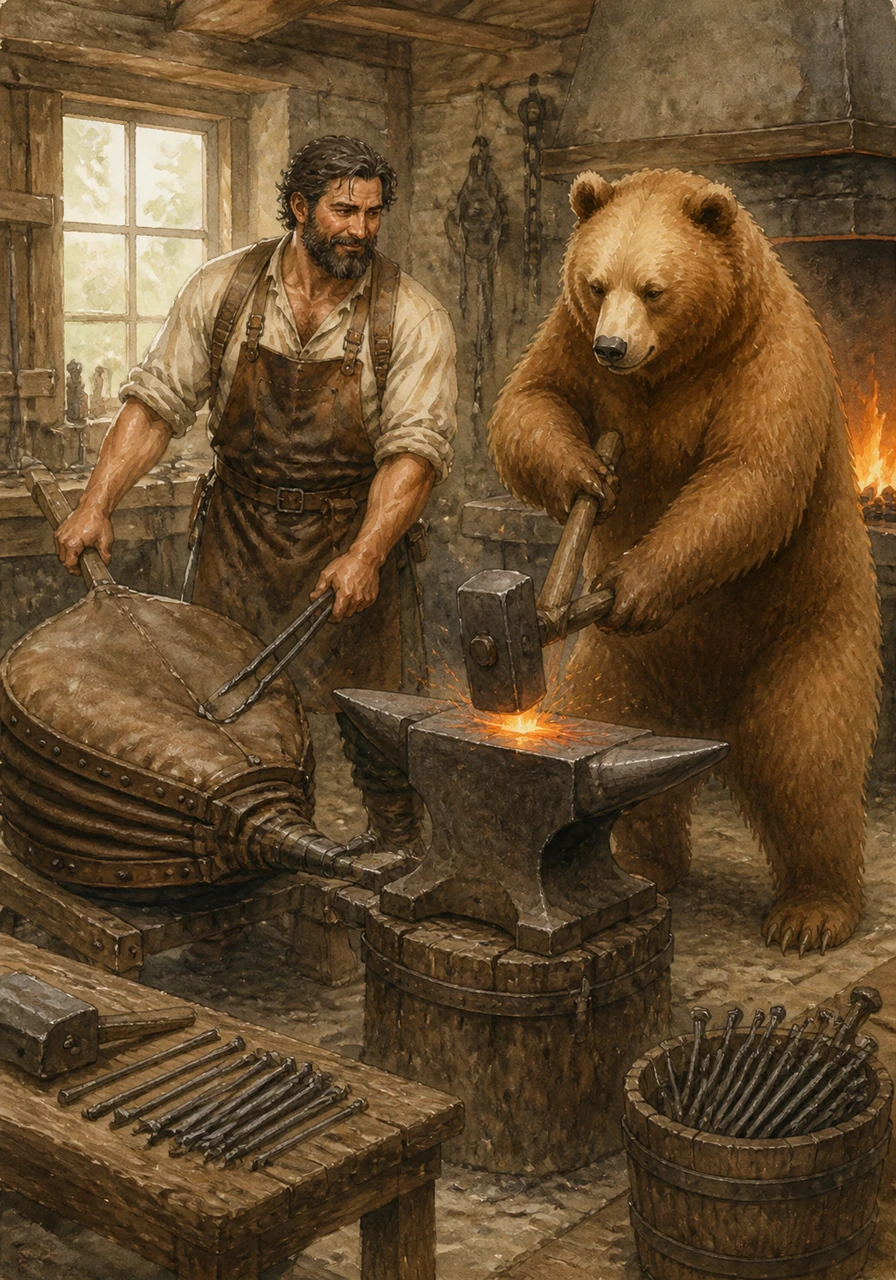 The two became inseparable partners, with the bear learning to help in the forge by pumping the heavy leather bellows with its strong paws. The bear even learned to swing the great hammer, helping Anton craft the finest nails the village had ever seen.