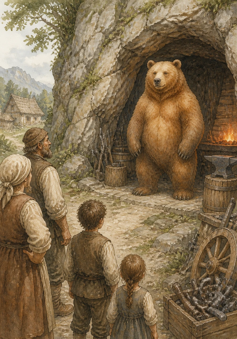 While Anton traveled to distant towns to sell their hardware, the loyal bear stayed behind to guard the cave and all their belongings. The villagers often marveled at the sight of the gentle giant watching over the blacksmith's home with such quiet devotion.