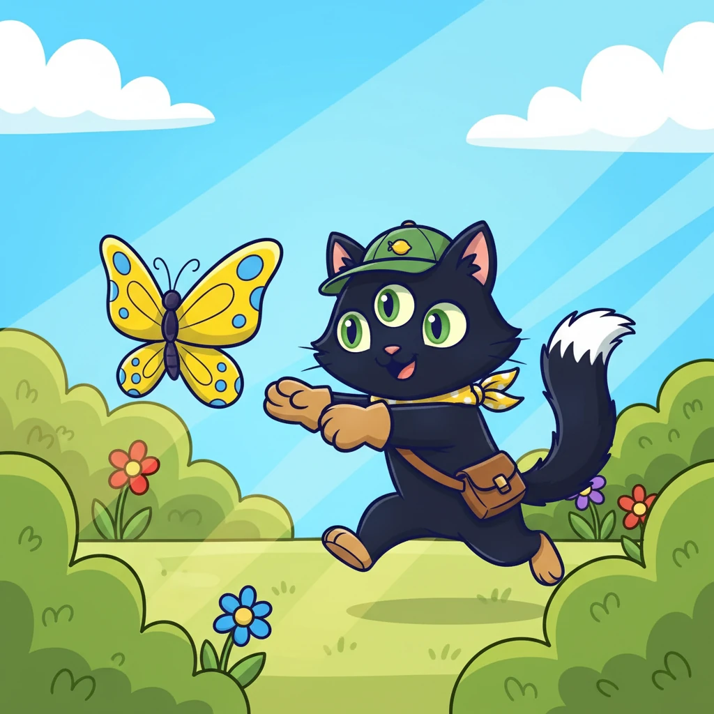 Oliver, a black cat with three emerald green eyes, lived a quiet life. He loved to nap in sunbeams and chase butterflies in the garden. One sunny afternoon, his life took an unexpected turn.