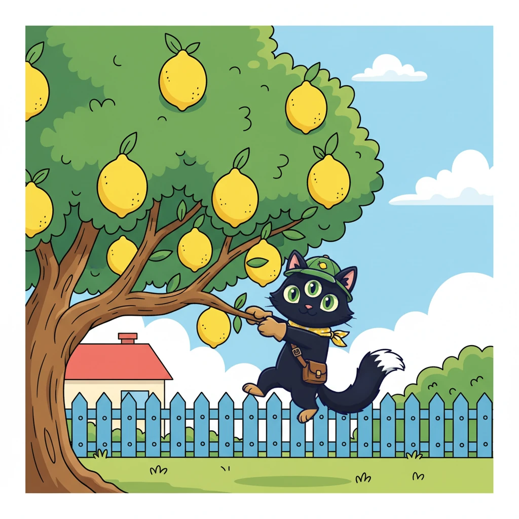 Oliver, curious as always, decided to explore a giant lemon tree in the neighbor's yard. The tree was overflowing with bright yellow lemons, a sight he couldn't resist. He leaped onto the lowest branch.