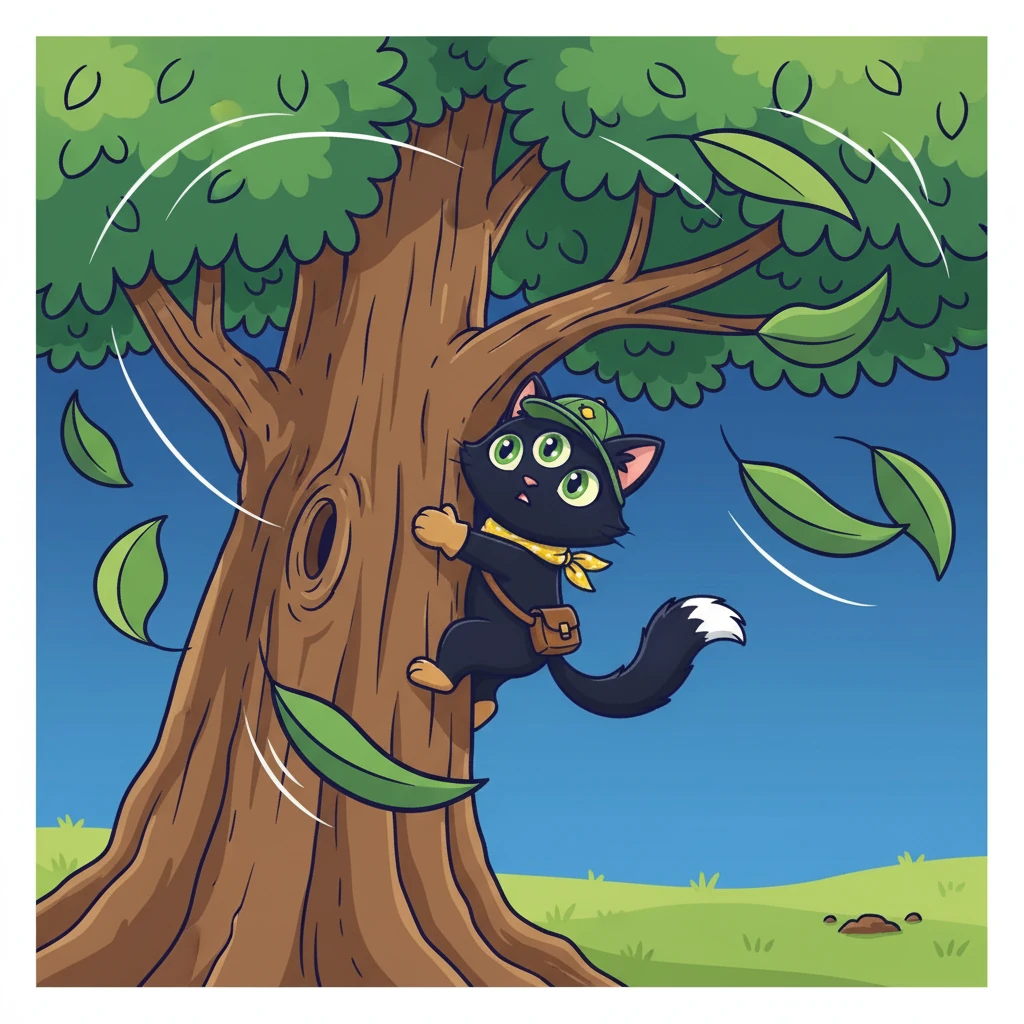 He climbed and climbed, higher and higher, until he realized he was quite high up! The wind rustled the leaves, and the ground seemed very far away. A sudden gust of wind shook the tree.