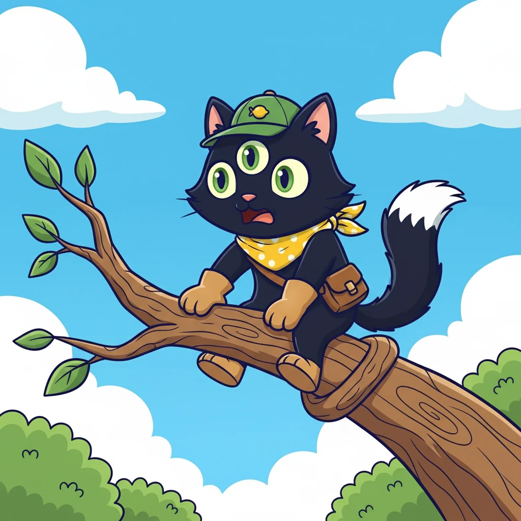 Oliver, terrified, clung to a branch with all his might. His three eyes widened with fear. He was stuck, and he didn't know how to get down. He let out a small, frightened meow.