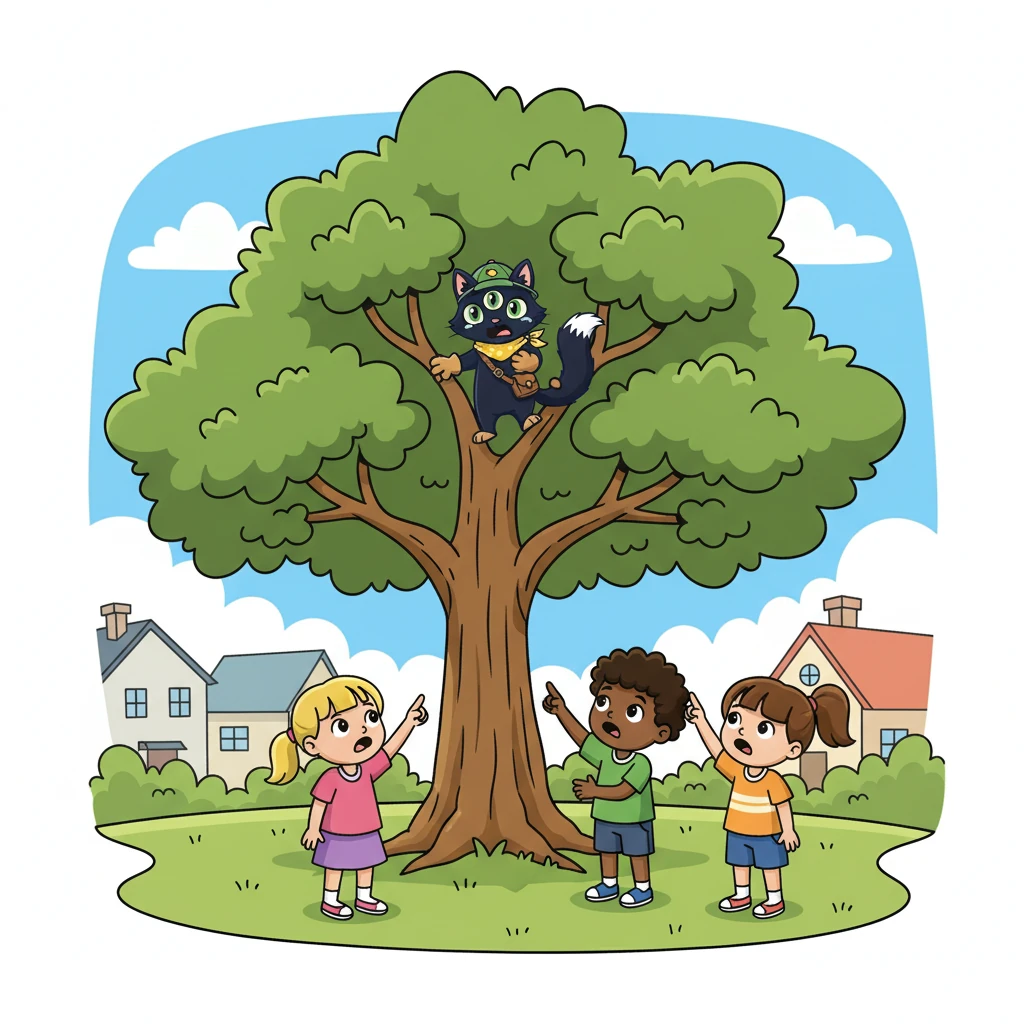 The children playing nearby heard Oliver's cries. They pointed and shouted, "Look! A cat is stuck!" Their voices echoed through the neighborhood, filled with concern.