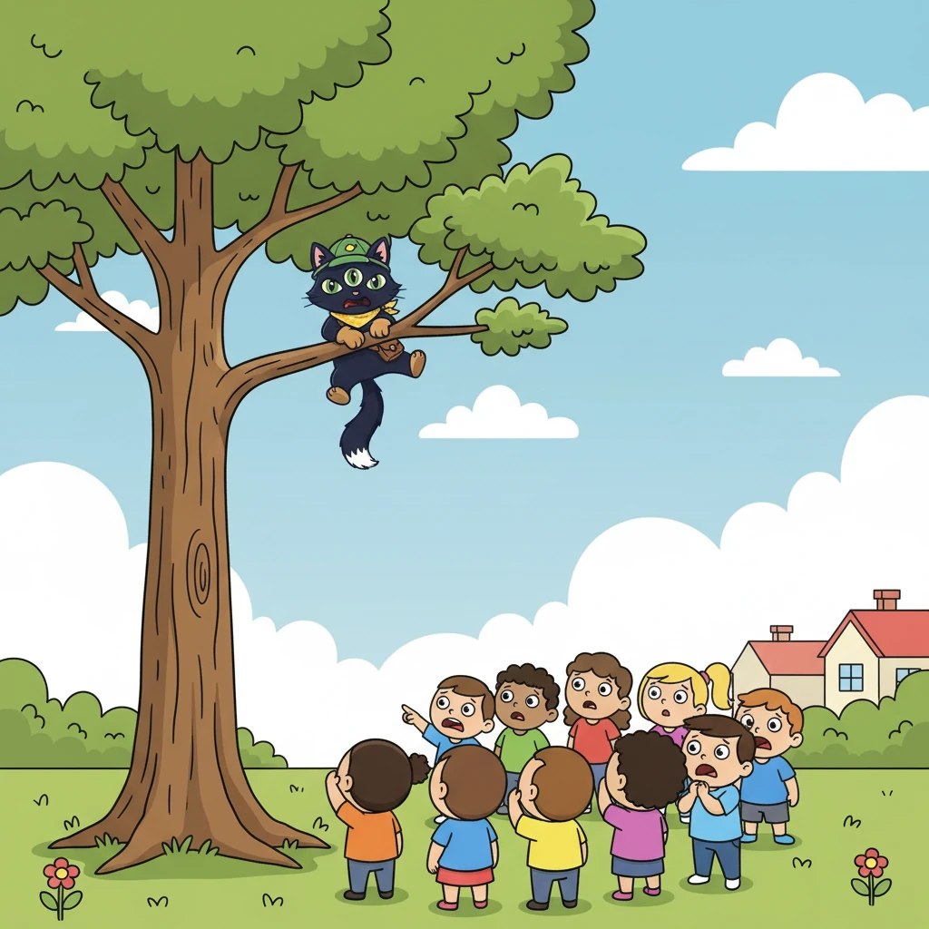 News of the trapped cat spread quickly. Soon, a crowd gathered, gazing up at Oliver. The children called for help, their voices filled with worry for the frightened feline.