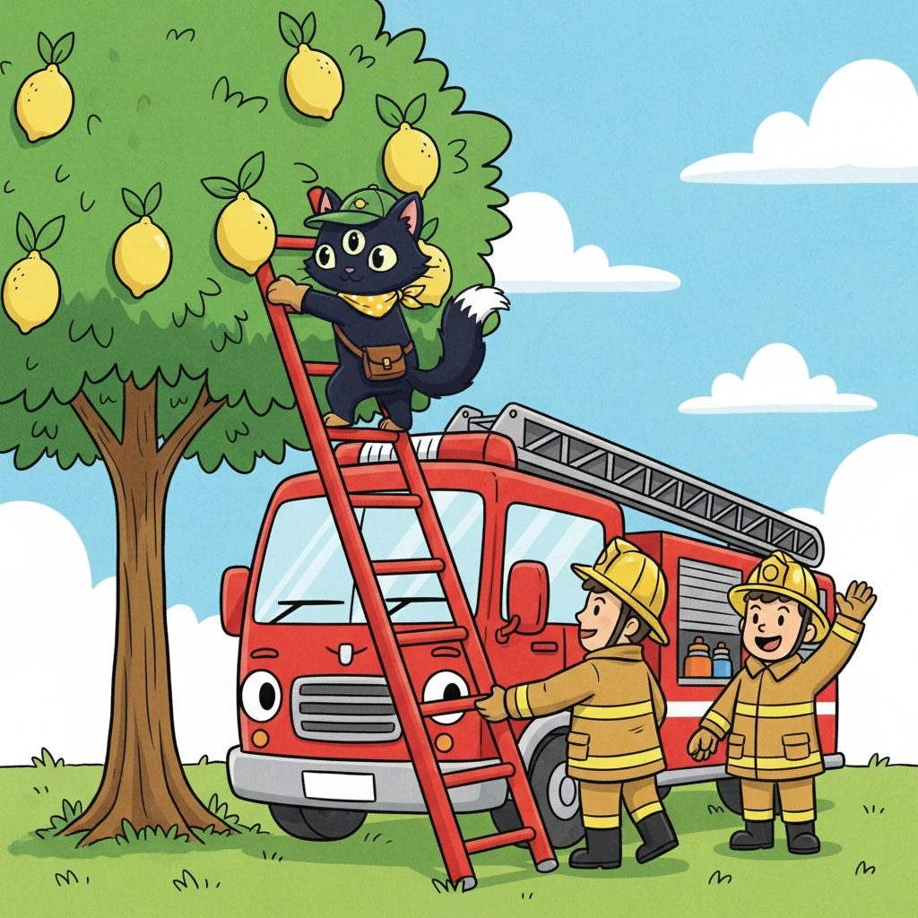 The brave firefighters arrived, their truck's siren cutting through the air. They parked beneath the lemon tree, ready to help. They were equipped with a ladder and a friendly smile.